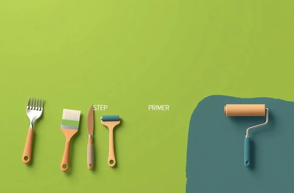 Outils de peinture disposés dans l'ordre des étapes du chantier