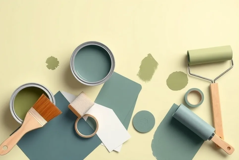 Pots de peinture, nuancier, brosses et rouleaux disposés à plat