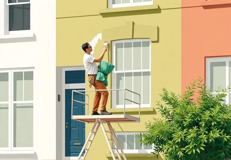 Peintre sur échafaudage traitant la façade d'une maison