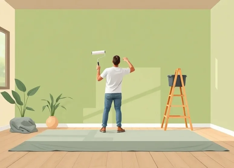 Peintre appliquant la peinture au rouleau sur un mur de salon